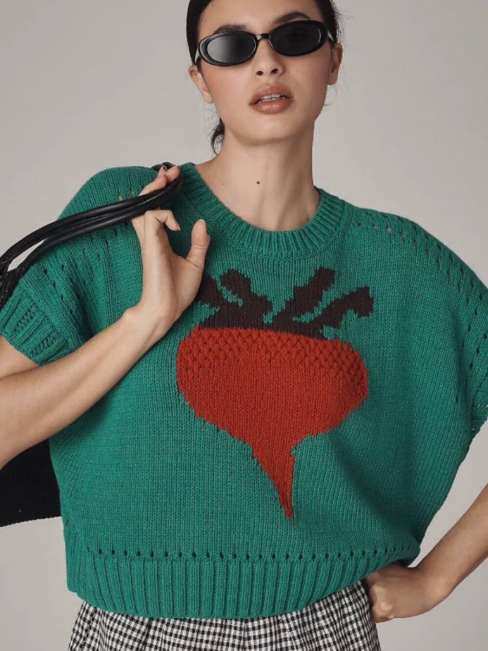 NWT Anthropologie Maeve Intarsia Short Sleeve Turnip Beet Veggie Motif Sweater L